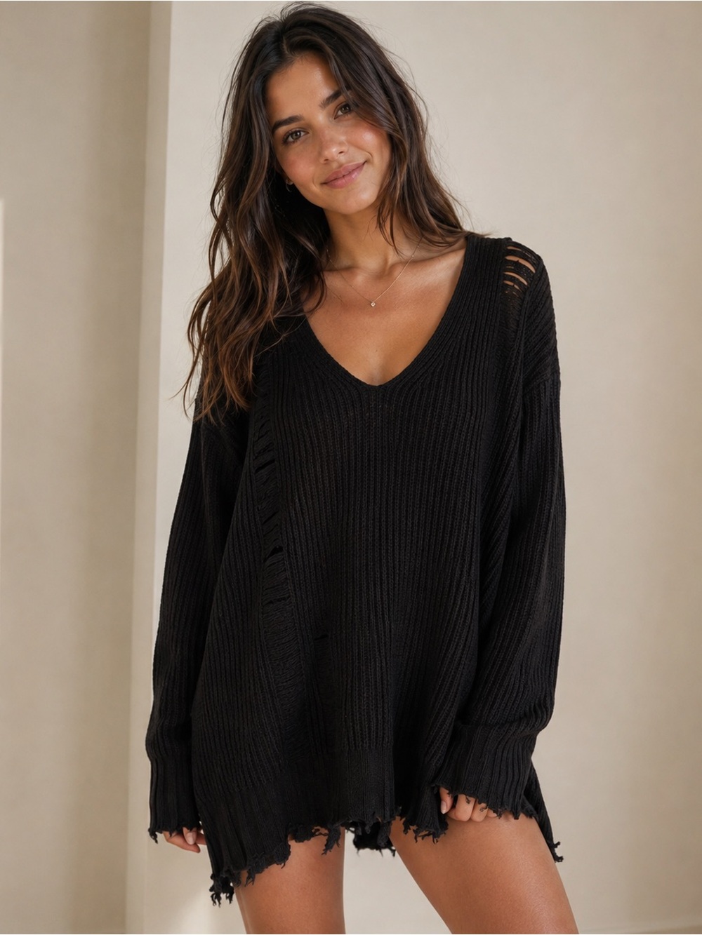 Oversized Black V-Neck Distressed Sweater